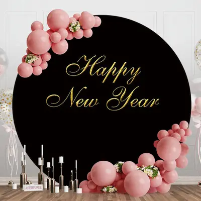 Gold And Black Happy New Year Round Backdrop For Party - Aperturee