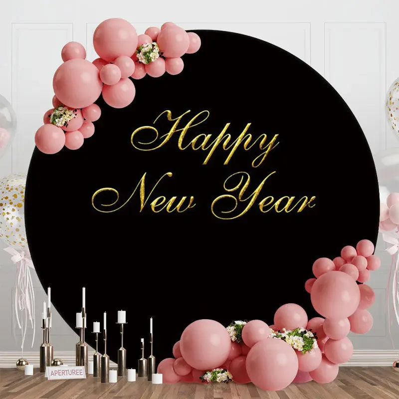 Gold And Black Happy New Year Round Backdrop For Party - Aperturee