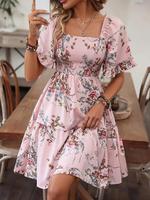 Women's Floral Print Ruffle Hem Vintage Dress, Casual Boho Breathable Flounce Sleeve Shirred A Line Dress, Summer Dresses, Ho...