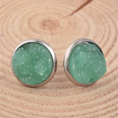 Flat Round 304 Stainless Steel Druzy Resin Ear Studs