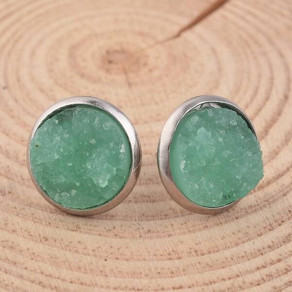 Flat Round 304 Stainless Steel Druzy Resin Ear Studs