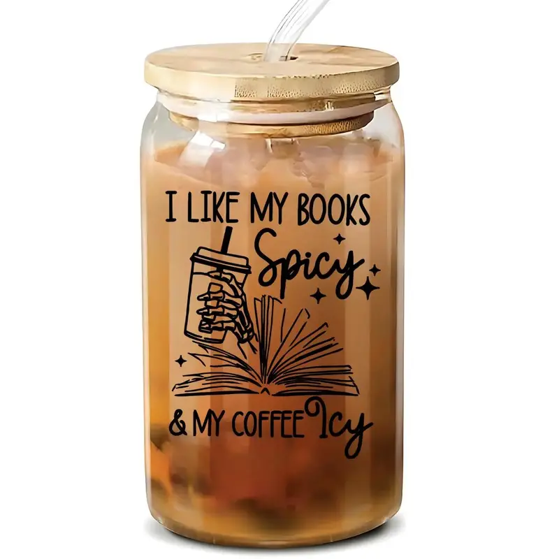 2024 Kitchen Gadgets 16oz Glass Cup with Lid & Straw & Cleaning Brush, 1 Count Portable Modern Letter Pattern Drinking Cup, D...