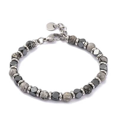Natural Map Stone & Magnetic Synthetic Hematite Round Beaded Bracelet