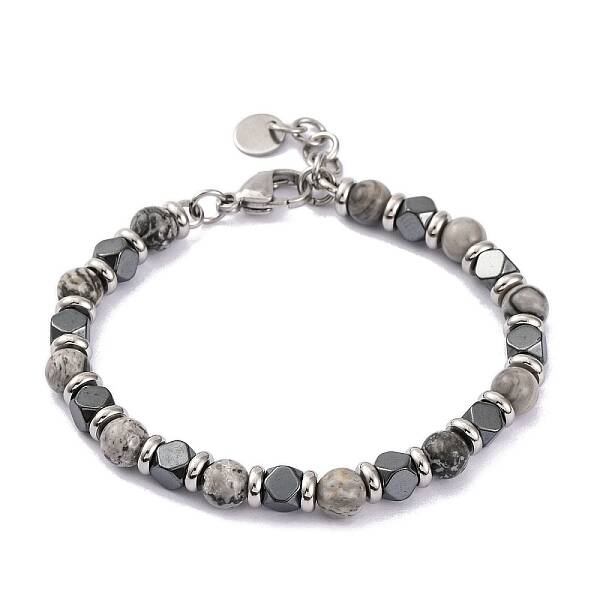 Natural Map Stone & Magnetic Synthetic Hematite Round Beaded Bracelet