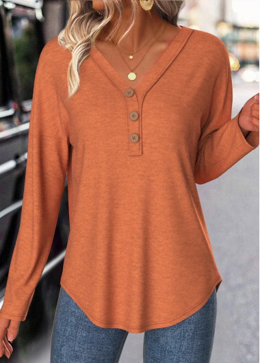 Modlily Terracotta Button Long Sleeve V Neck T Shirt - M