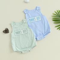 Baby Boy Summer Romper Overalls Letter Embroidery Plaid Print Sleeveless Round Neck Jumpsuit