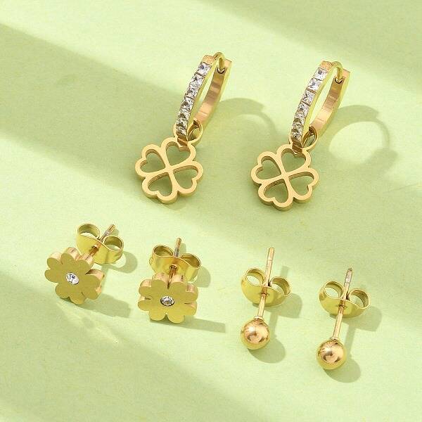 304 Stainless Steel Rhinestone Clover & Round Earring Sets