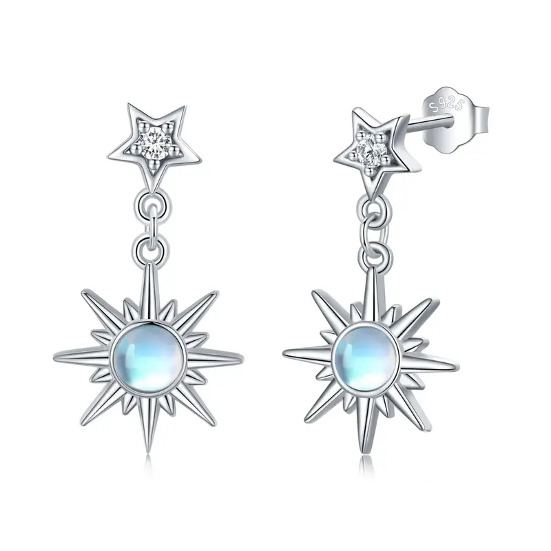 Sterling Silver Circular Shaped Moonstone Moon & Star Drop Earrings