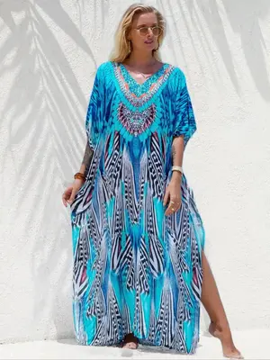 Women's All Over Print Batwing Sleeve Kaftan Dress, Summer Clothes Women, Casual V Neck Half Sleeve Side Split Long Dress Fo...