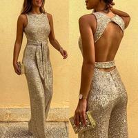 ChicMe Women's Glitter Round Neck Sleeveless Backless Sequins Jumpsuit