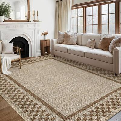 Garvee Large Area Rug Washable 10x13 Modern Neutral Bordered Checkered Soft Non Slip Low Pile Polyester Stain Resistant Livin...