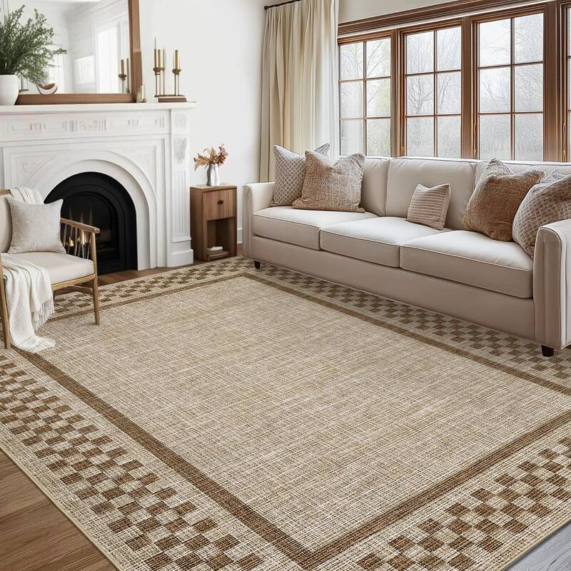 Garvee Large Area Rug Washable 10x13 Modern Neutral Bordered Checkered Soft Non Slip Low Pile Polyester Stain Resistant Livin...