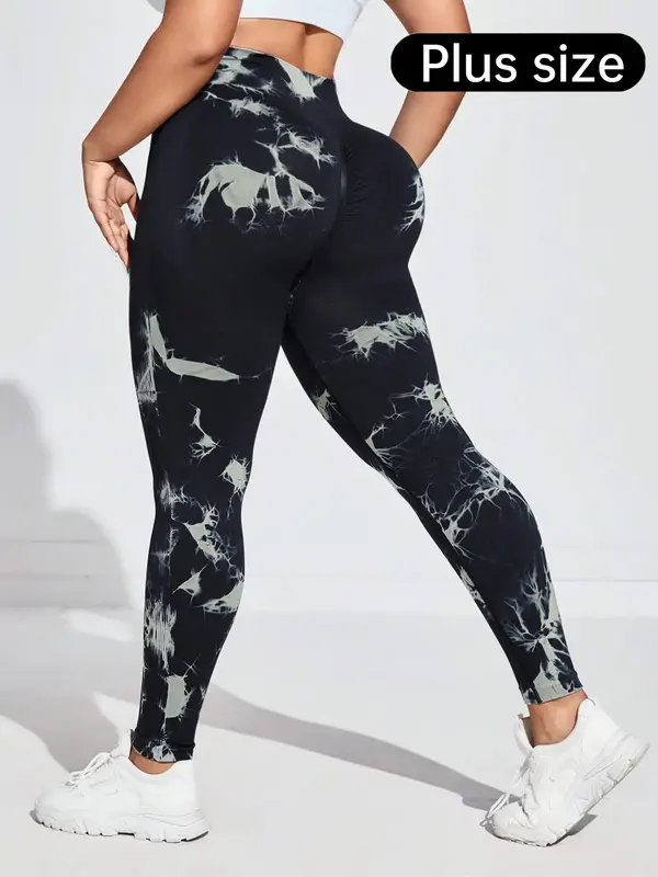 【Plus Size】Tie Dye Ruched Sports Tummy Control Leggings, Comfort and Durability High Stretch Yoga Leggings, Ladies Spor...