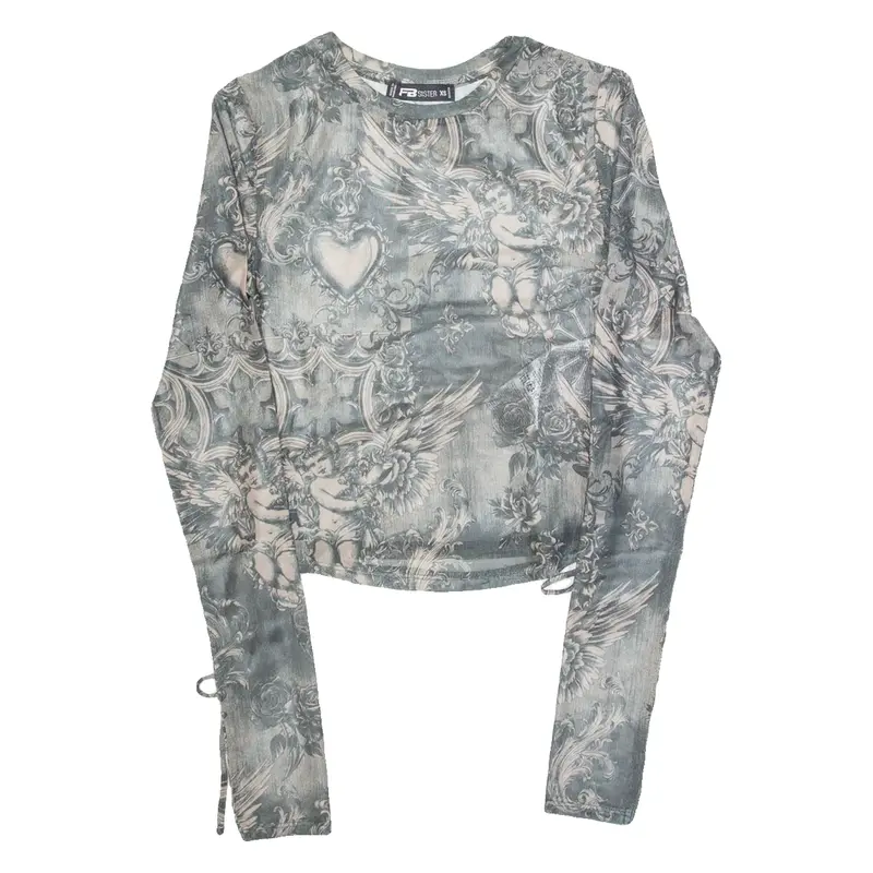 FB SISTER Angel Design Mesh Womens Printed Top Grey Long Sleeve XS