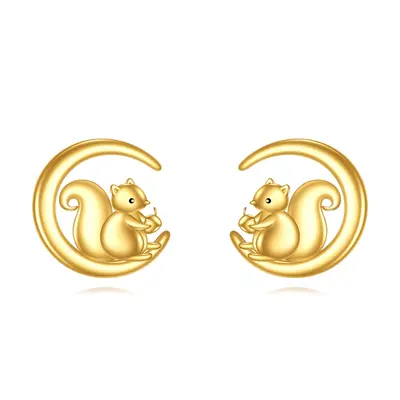 14K Yellow Gold Squirrel & Moon Stud Earrings