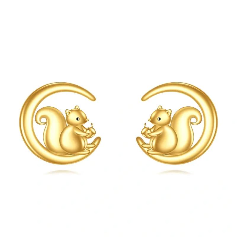 14K Yellow Gold Squirrel & Moon Stud Earrings