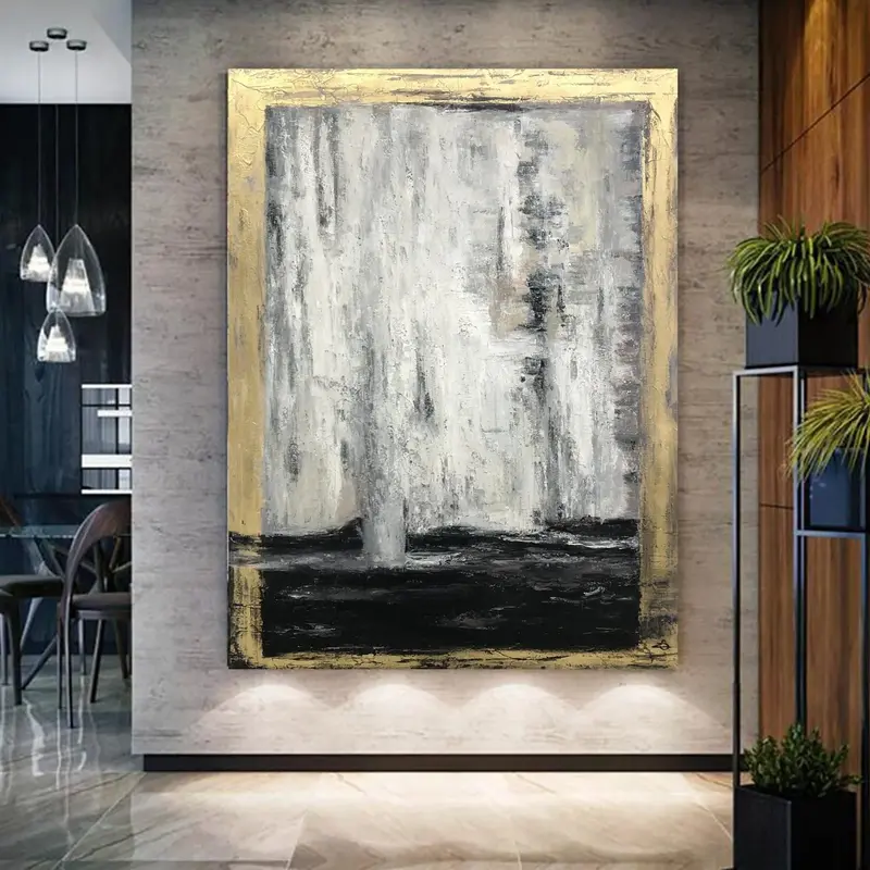 Gold Leaf Contour Painting Large Gold Leaf Artwork Gray Painting Decor Golden Art Oversized Paintings on Canvas Rich Texture ...