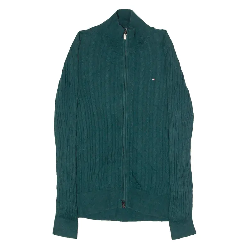 TOMMY HILFIGER Womens Jumper Green High Neck Cable Knit M