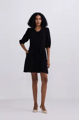 Short Dress with a Waist-tie in Black | Color: Black | Size: S