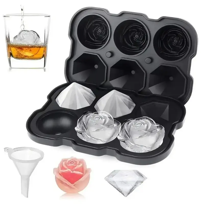 Rose & Diamond Shaped Ice Cube Tray, Kitchen Accessories Silicone Ice Cube Mold with Lid, Easy to Release Ice Maker, Kitchen ...