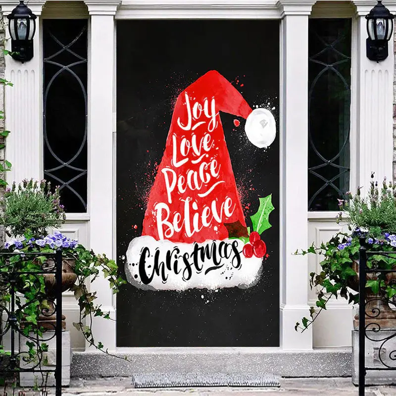 Santa Hat Joy Love Peace Believe Christmas Door Cover - Aperturee