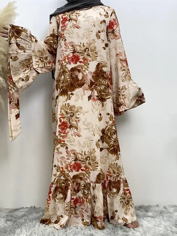 Women's Floral Print Belted Ruffle Hem Flounce Sleeve Dress, Modest Long Sleeve Round Neck A Line Dress for Spring & Fall, Wo...