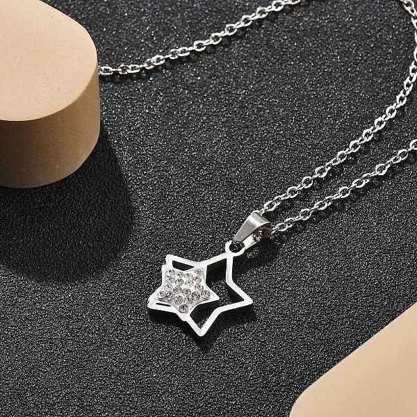 304 Stainless Steel Crystal Rhinestone Double Star Pendant Cable Chain Necklaces