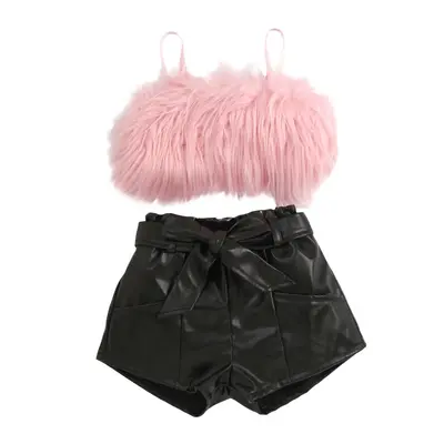 Fashion Kids Baby Girls Clothes Sets 2pcs Fluffy Fur Camisole Vest+PU Leather High Waist Shorts 1-6Y