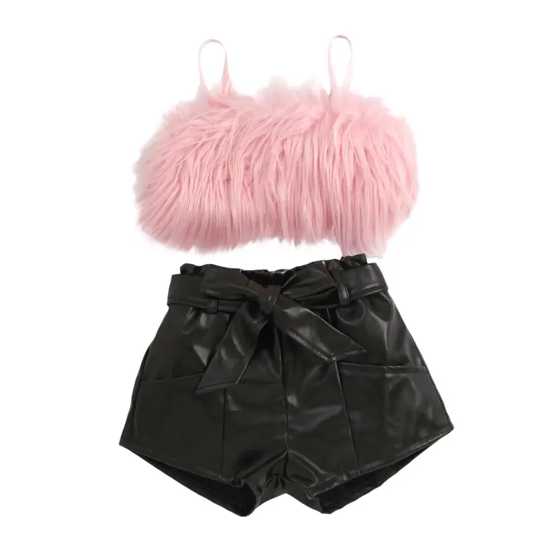 Fashion Kids Baby Girls Clothes Sets 2pcs Fluffy Fur Camisole Vest+PU Leather High Waist Shorts 1-6Y