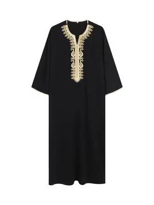 Men's Ethnic Pattern Embroidery  Notched Neck Kaftan, Loose Long Sleeve Arabic Clothing, Casual Soft Comfy Long Dress for Dai...