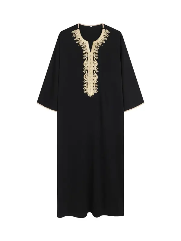 Men's Ethnic Pattern Embroidery  Notched Neck Kaftan, Loose Long Sleeve Arabic Clothing, Casual Soft Comfy Long Dress for Dai...