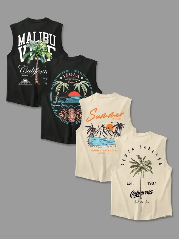Men's Letter & Tropical Print Round Neck Tank Top, Regular Fit Casual Sleeveless Crew Neck Vest for Summer, Men's Top for Dai...