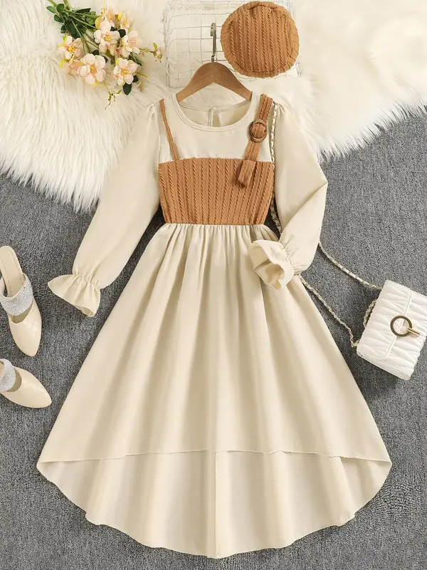 Girl's Solid 2 in 1 Ruffle Trim High Low Hem Dress & Hat Set, Elegant Flounce Sleeve Keyhole Neckline A Line Dress for Party ...