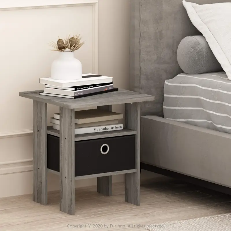 HOMLUX Andrey End Table Nightstand with Bin Drawer – French Oak/Black, Affordable & Stylish