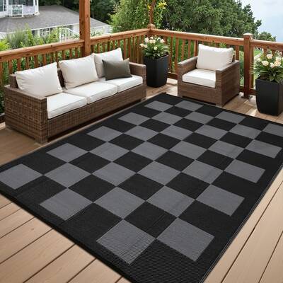 Garvee 8x10 Area Rug Beach Picnic Rug Non-Slip Fade-Resistant Plastic Waterproof Easy-Clean Black&Gray Outdoor Camping RV Bal...
