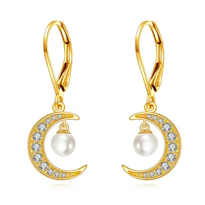 14K Gold Circular Shaped Cubic Zirconia Moon Lever-back Earrings