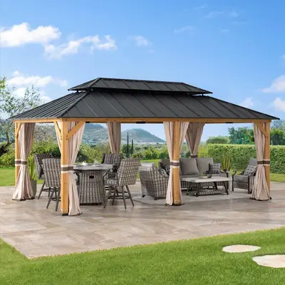 SUNJOY 12x20 Cedar Frame Gazebo with Galvanized Steel Roof and Curtains