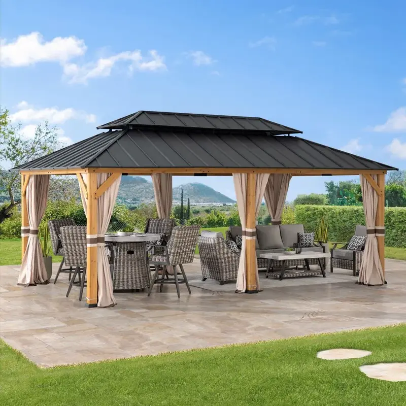 SUNJOY 12x20 Cedar Frame Gazebo with Galvanized Steel Roof and Curtains