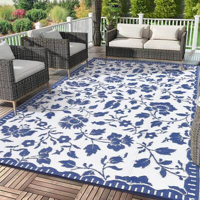 Garvee Outdoor Rug 5x8 Waterproof Reversible Floral Design Plastic Straw Foldable Patio Deck Balcony Beach Navy/White