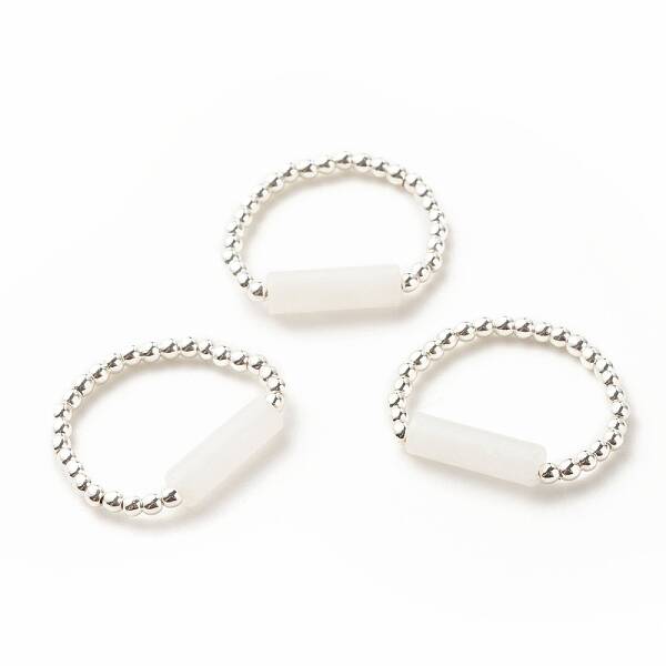 Natural White Jade Column Beaded Finger Ring with Synthetic Hematite