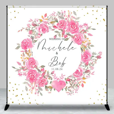 Pink Wreath White Custom Name Wedding Backdrop