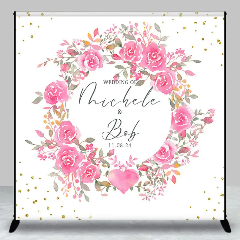 Pink Wreath White Custom Name Wedding Backdrop
