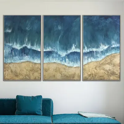 Large Abstract Ocean Set Of 3 Paintings On Canvas Original Blue Oil Painting Handmade Artwork Triptych Paintings | SUNNY BEAC...
