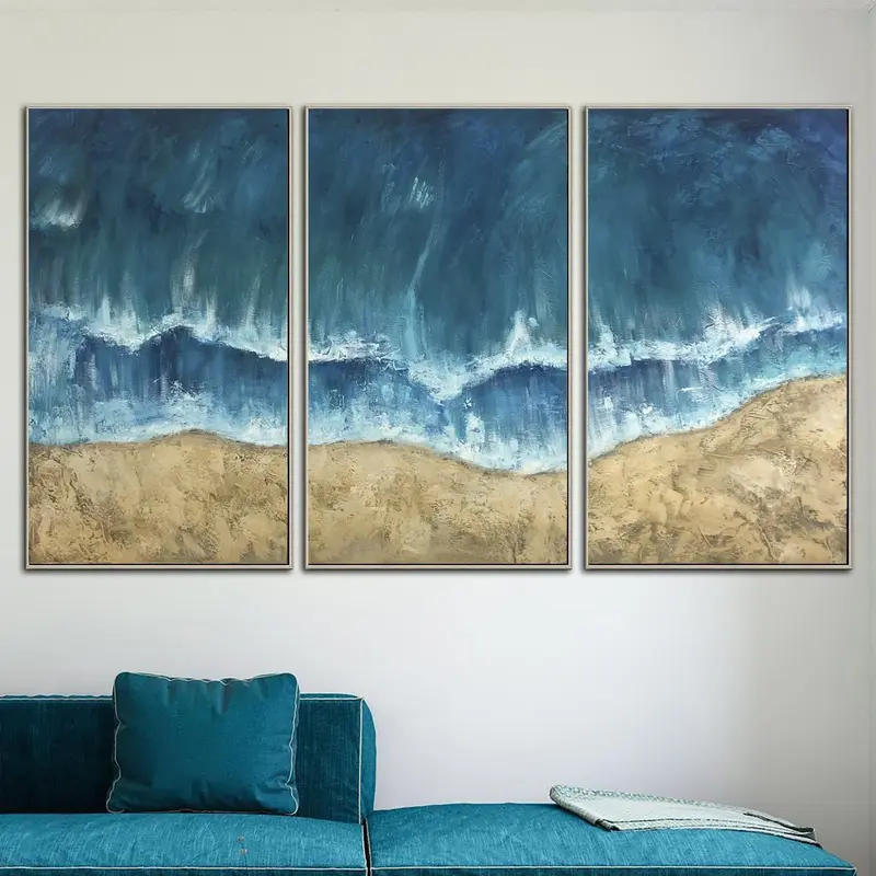 Large Abstract Ocean Set Of 3 Paintings On Canvas Original Blue Oil Painting Handmade Artwork Triptych Paintings | SUNNY BEAC...