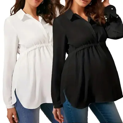 Solid Color V-Neck Long Sleeve Maternity Blouse – Chic & Comfortable Pregnancy Fashion