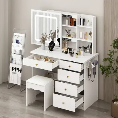 FUFU&GAGA Makeup Vanity Desk Set with Sliding Lighted Mirror, Power Strip & Hair Dryer Holder, with Drawers, Storage Shelves...