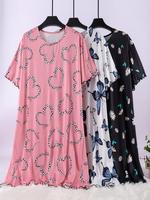 【Plus Size】 Women's Heart & Floral & Butterfly Print Lettuce Trim Nightdress, Loose Casual Comfy Round Neck Short Sleeve ...