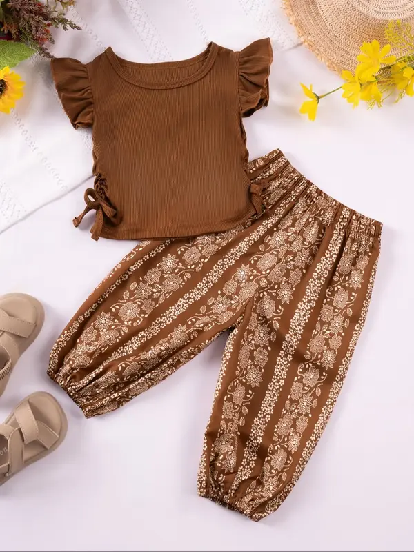 Two-Piece Set Toddler Girl's Top & Floral Print Pants Set, Cute Casual Round Neck Top & Trousers for Daily Wear, Kids Summe...