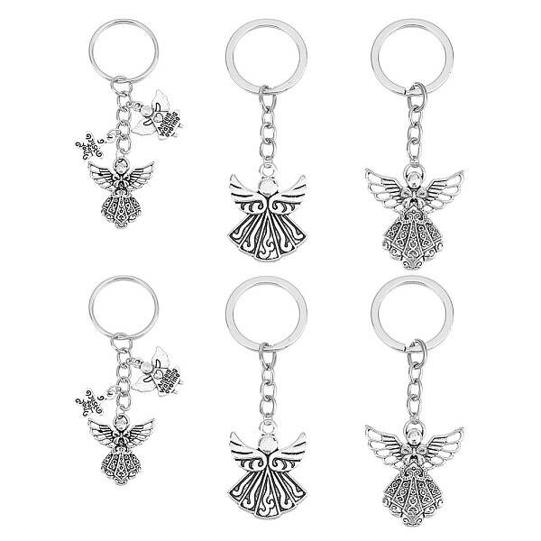 6Pcs 3 Style Angel Wing Tibetan Style Alloy Pendants Keychain