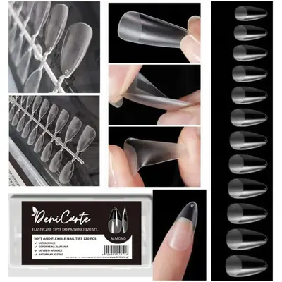 Deni Carte Almond Flexible Nail Tips - Transparent Almond Tips, 120 pcs.
